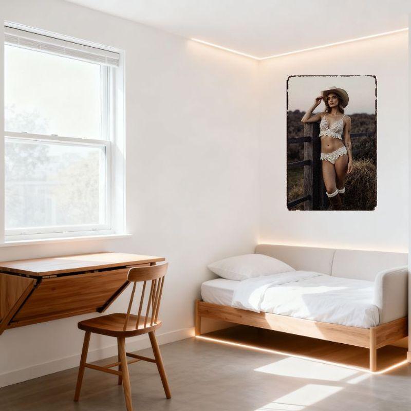 Sexy Vintage Cowgirl Metal Tin Sign Rustic Field Hay Bales Wooden Fence Outdoor Wall Decor for Bar Home Cafe, 8x12 Inch