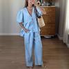 Spring/Summer Sweet Solid Color Set Pure Cotton V-neck Top Bubble Short Sleeve Pants 2-piece Set