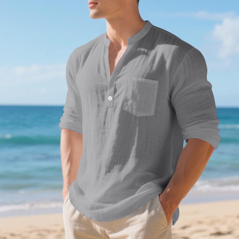 

Autumn Linen Oversized Men s Loose-Fit Henry V-Neck Solid-Colour Beach Long-Sleeved Casual Base Layer Shirt XXXL темно-сірий