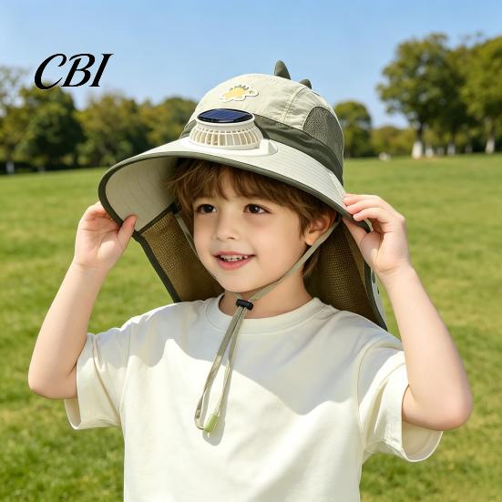 Dinosaur Fishing Hat for Kids Sun with Solar Fan, Wide Brim UV Protection Beach Babies Neck Flap, Summer Cap Boys Girls Camping