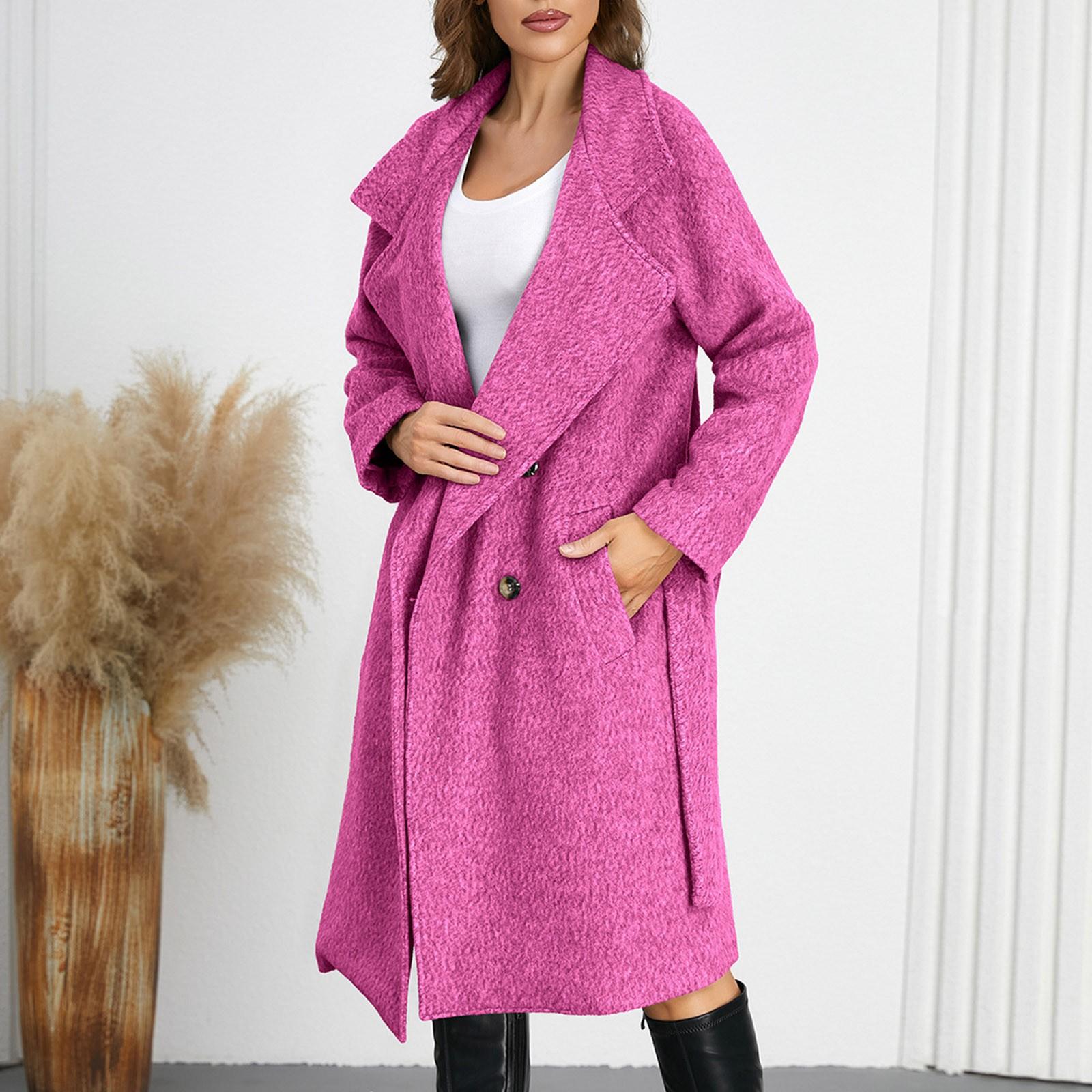 

Женская однотонная шерстяная куртка средней длины с поясом XL горячий розовый