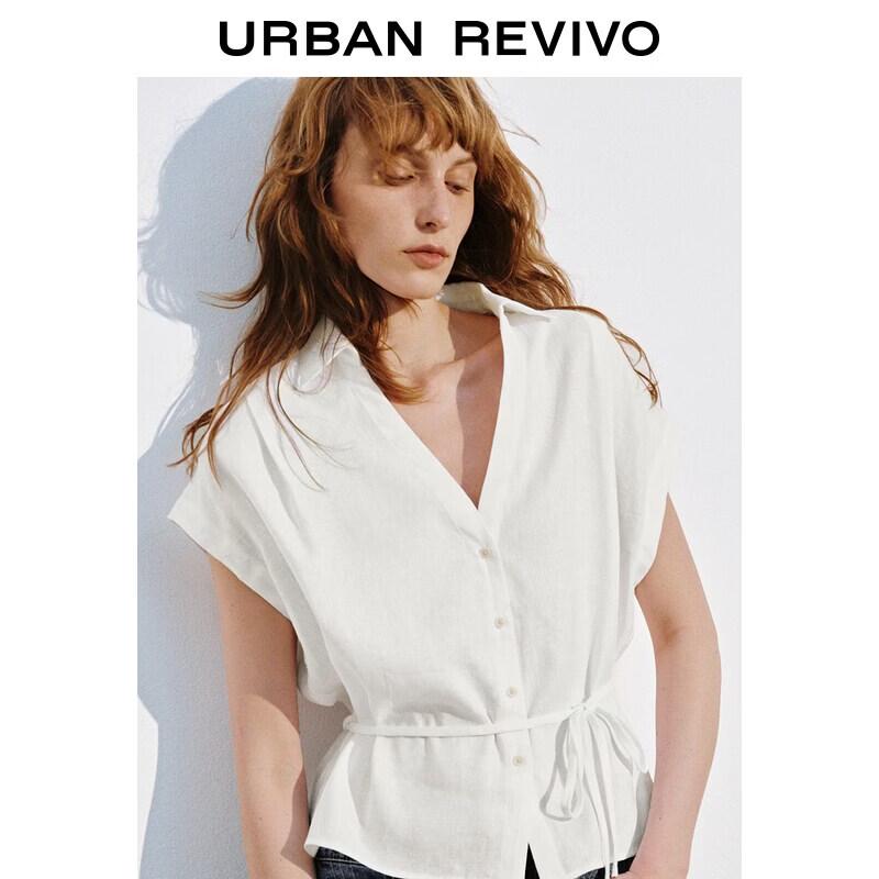 UR2026 Women's Elegant V-Neck Back Slit Linen Blend Shirt