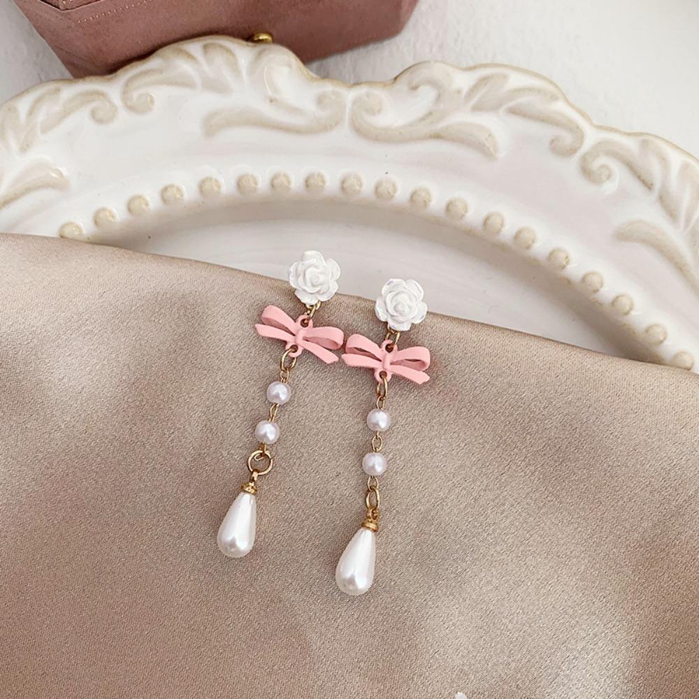 New Fashion Charm Bowknot Flower Drop Dangle Earrings for Women Korea Pearls Bow Heart Stud Earrings Party Jewelry Accessories