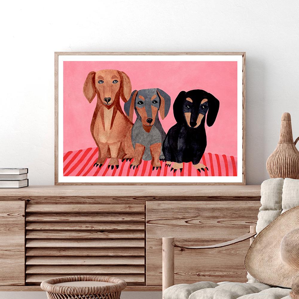 Plakát The Cats In The Bag Abstraktní nástěnná malba Malba na plátno Černá kočka Kreslené obrázky Tři psi na zeď Dětské domácí dekorace
