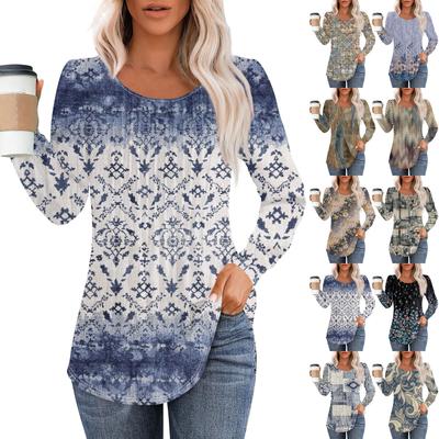 Long Sleeve Shirts For Women Tops Dressy Casual Blouses Pleated Scooped Neck Tunic Tops