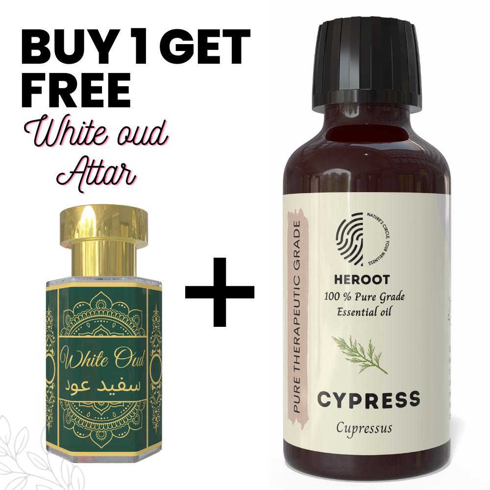 Cypress Essential Oil 10ml for Aromatherapy & Home Fragrance Get 1 Free 6 Ml Attar – Aqua AQ, Dubai Oud, Aura, White Oud