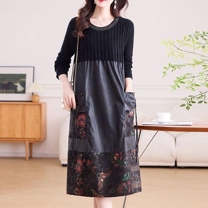 Women's long Sweater Dress Knitted Patchwork PU Leather A-Line Dress Plus Size Knitted Dress for Autumn and Winter ...