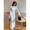 French Lace Long Sleeved Dress for Autumn Winter with a Slim Fit Waist Cinching Slimming Effect Fish Tail Wrapped Long Skirt