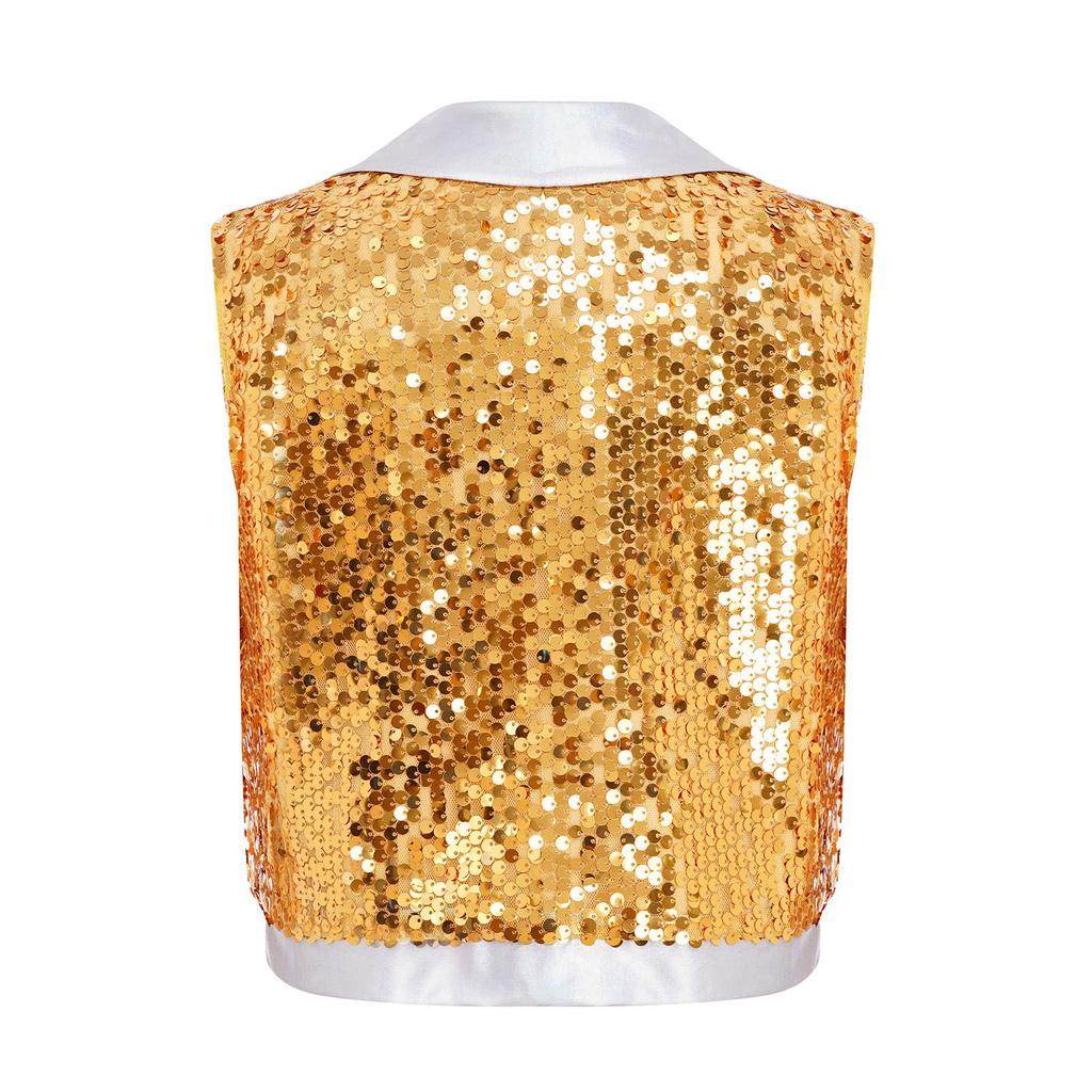 Boys Jazz Dance Stage Performance Tassel Sparkling Sequin Vest Contrast Color Lapel Collar Sleeveless Top