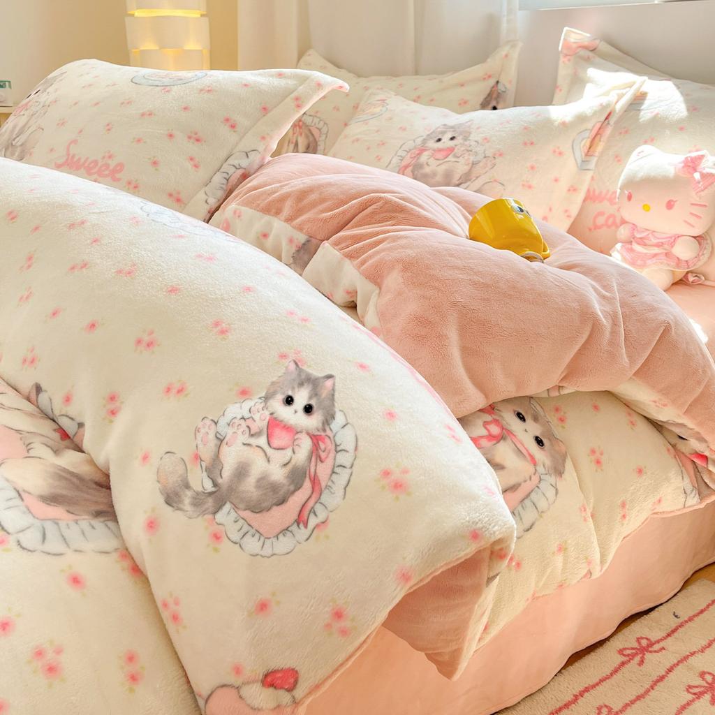 Verdicktes Milchfleece Vierteiliges Set Mädchenherz Korallenfleece Bettlaken Bettbezug Bettwäsche Fleece Bettbezug