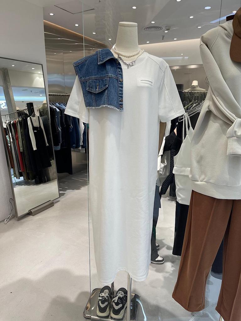 Summer 2025 Pure Cotton Round Neck Mid-Length T-Shirt Dress with Fake Pocket for Women.