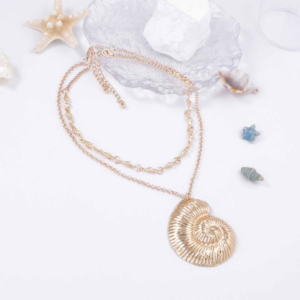 European and American Fashion Light Luxury Exaggerated Alloy Conch Pendant Double Layer Stacked Wearing Chain Necklace Versatile Vacation Beach Wind 