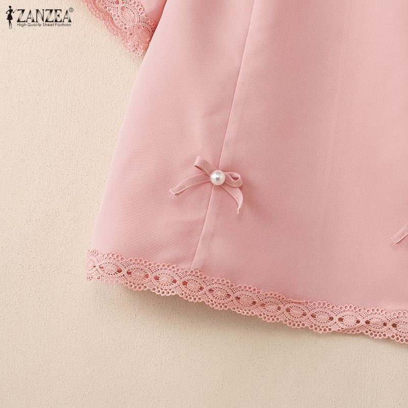 ZANZEA Women Lace Splice Round Neck Casual Short Sleeve Blouse