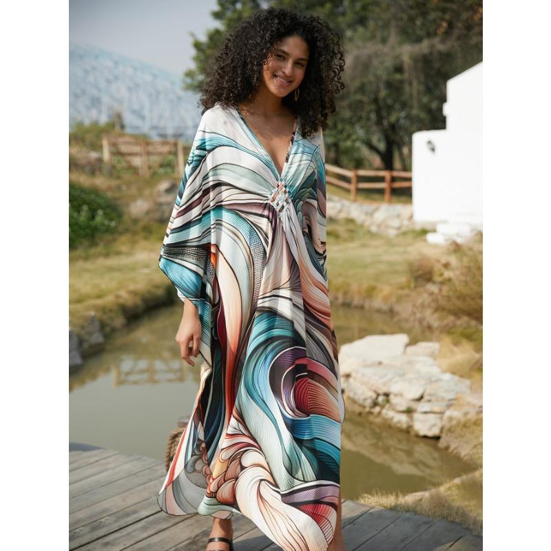 Damenmode Frühling Herbst Farbblockdruck Langarm V-Ausschnitt Lockere Taille Lässige Kleider