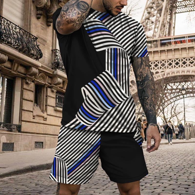 Vintage Casual Clothes Outfits For Men Print Striped Loose T Shirt Suit Oversized  O Neck Summer Tracksuit Streetwear Men's Set