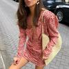 Spring/summer new French vintage floral deep V pleated long-sleeve dress with a stylish design and temperament