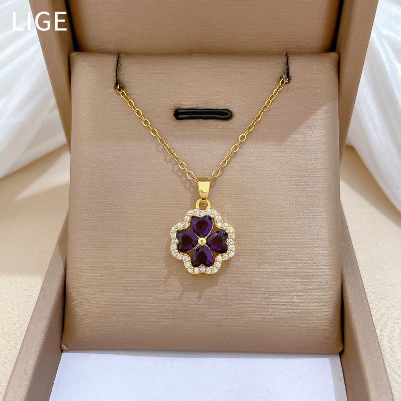 Titanium Steel, Empty Lucky Grass Light Luxury Temperament Gorgeous Full Diamond Necklace Women'S Versatile Collarbone Chain Titanium Steel Chain