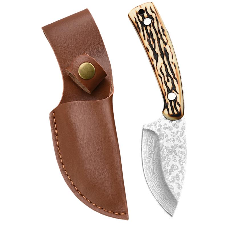 Outdoor Utility Knife Kitchen Knives with Damascus Pattern BBQ Meat Cleaver Fishing EDC Tools with Sheath