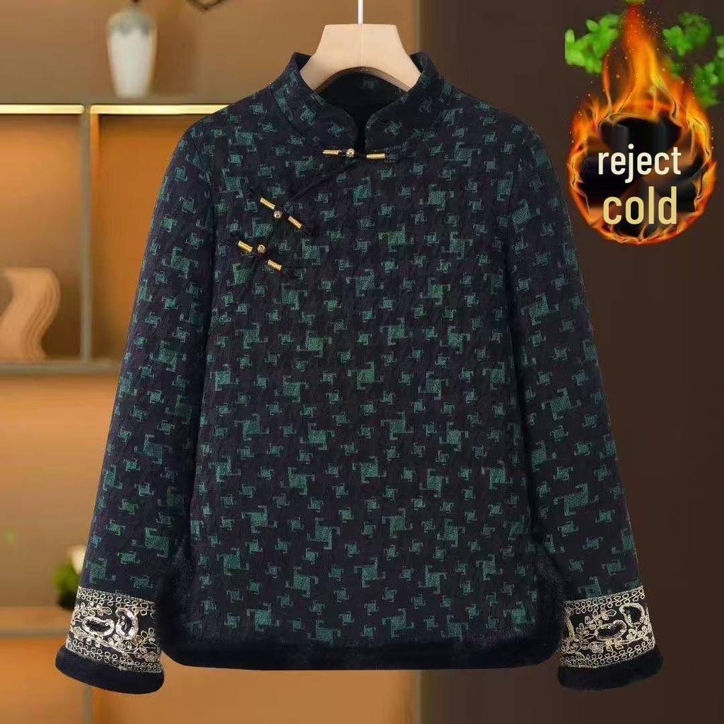 2025 Autumn/Winter Plus Velvet Retro Qipao Collar Slimming T-shirt for Mom