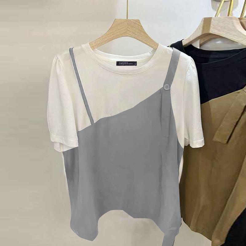 

ZANZEA Женская повседневная блузка с круглым вырезом, короткими рукавами и имитацией двух частей, летняя 5XL серый
