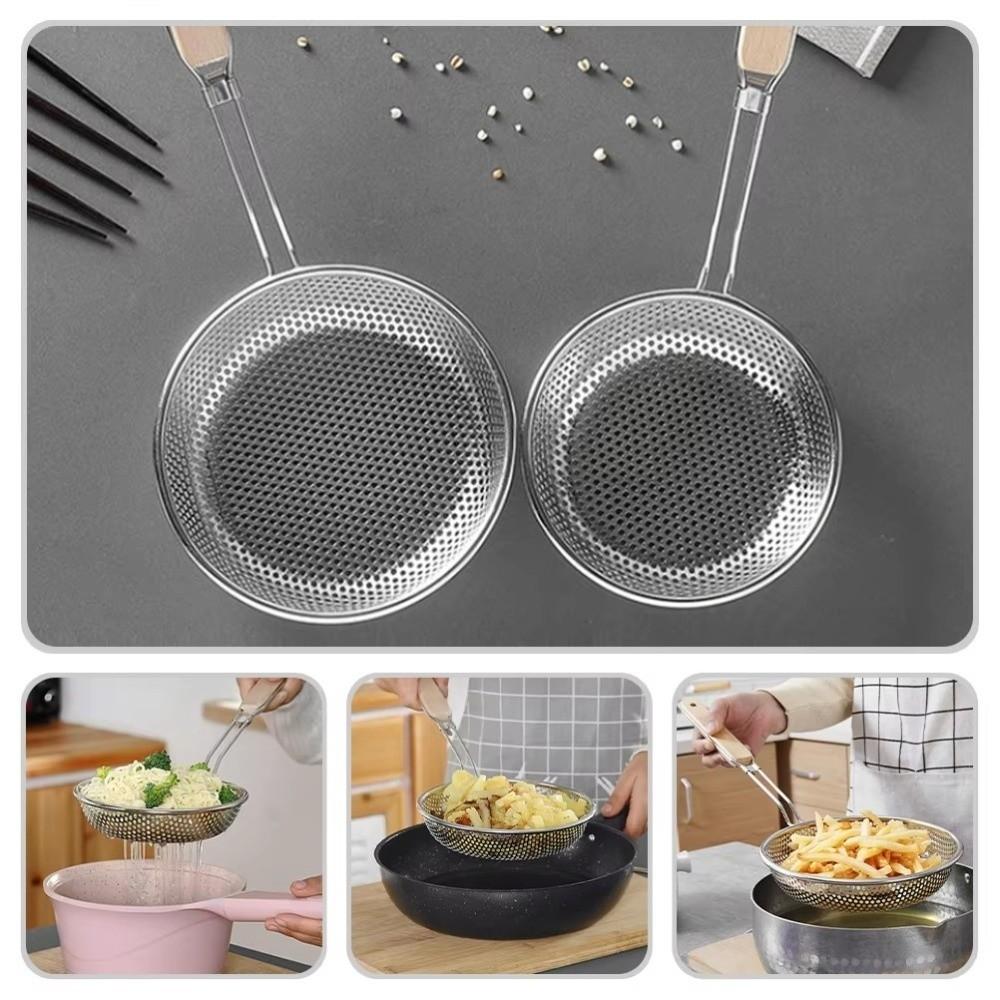 New Thickened Stainless Steel Strainer Fine Mesh Wooden Handle Skimmer Spoon Long Handle Dumpling Strainer Kitchen Tool