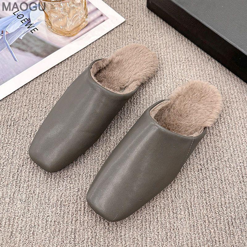 Autumn Winter Women Fuzzy Mule Slippers Plush Lined Retro Slip On Flat Fur Slides Cozy House Shoes Indoor Outdoor Comfortble