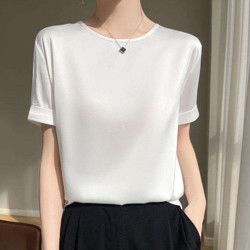 Women's Satin Short Sleeve T-Shirt Crew Neck Loose Plus Size Solid Color Basic Casual Summer Top