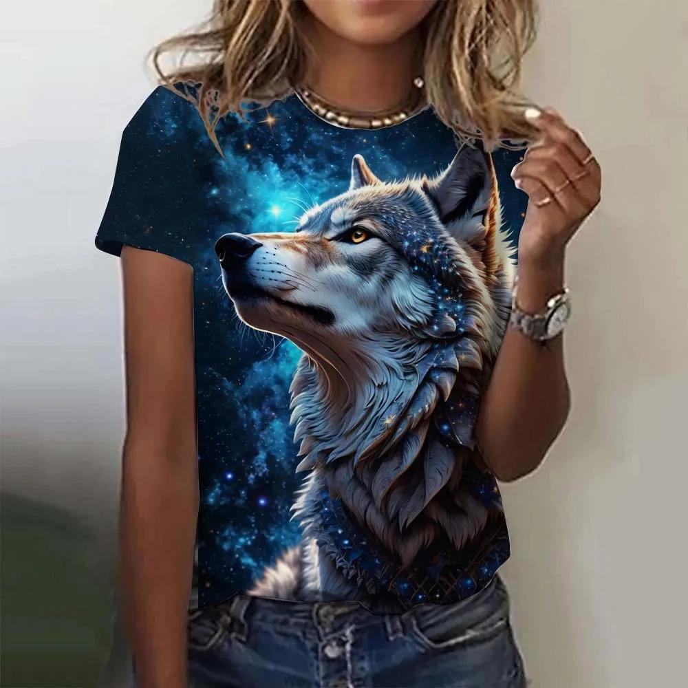 Sommer Rundhals 3D Tier Wolf Muster Druck Top Modische Lässige Kurzarm Damen T-Shirts