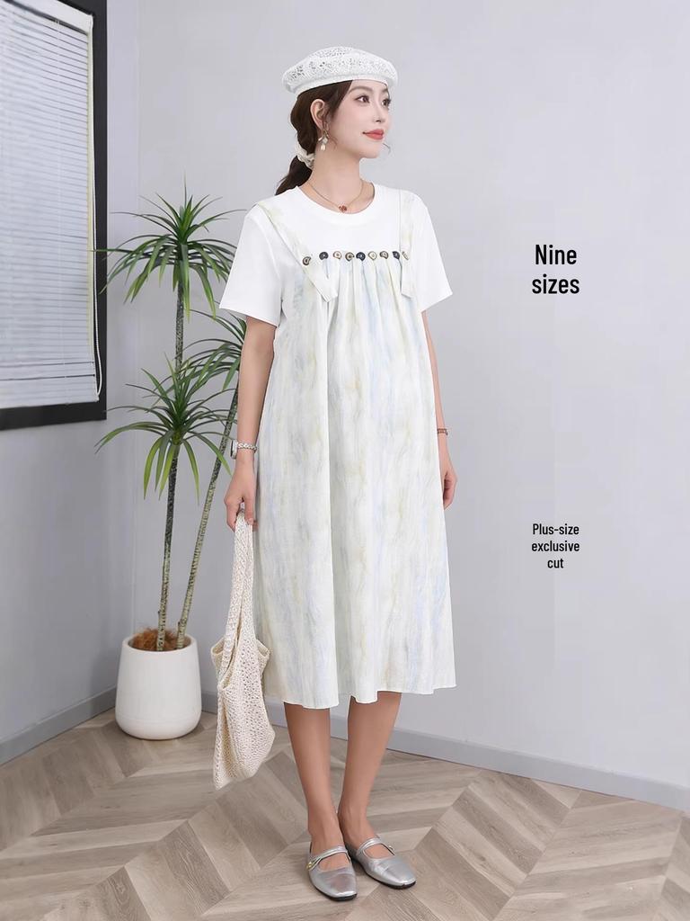 Plus Size Tie-Dye Maternity Strap Dress - 9 Sizes, Summer Two-Piece Look, Loose and Slimming for Late Pregnancy