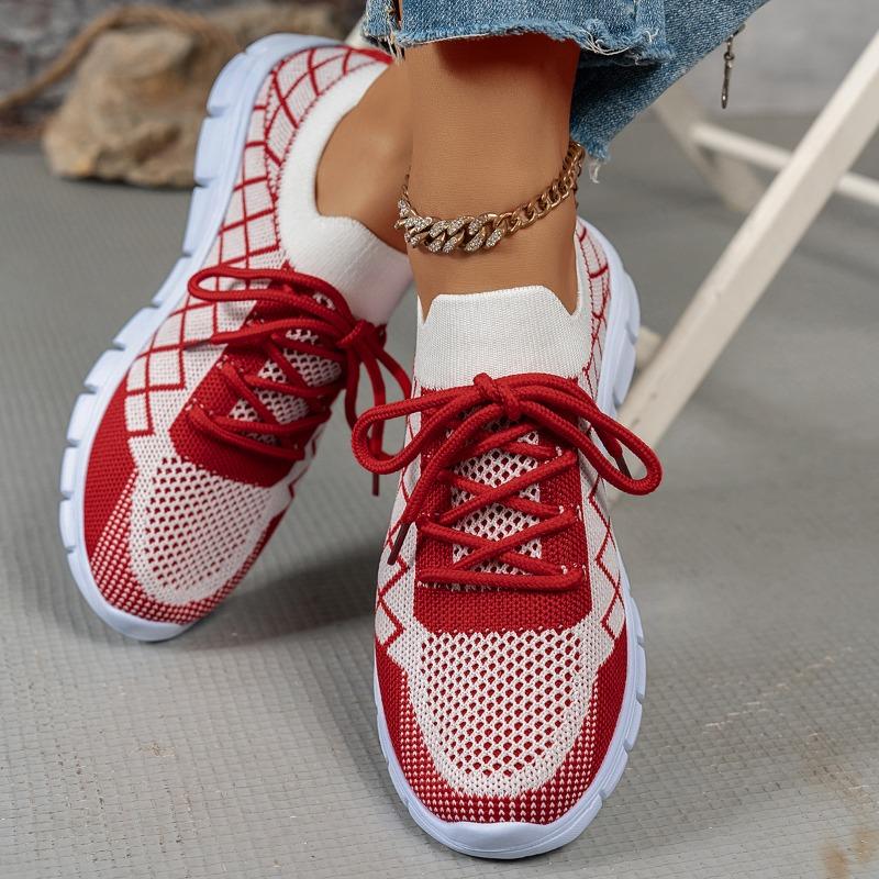 Women's Breathable Knit Lace-Up Casual Sports Shoes, Thick-Soled Trendy Footwear, Available In Large Sizes.