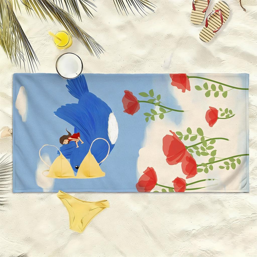 Cartoon girl and blue bird pattern polyester microfiber beach towel is highly absorbent, suitable for swimming and beach outings