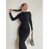 INS Fashion Style 2024 New Arrival Women's Clothing Fashion Round Neck Long Sleeves Silm Hip Bag Pure Color Elegant Dress