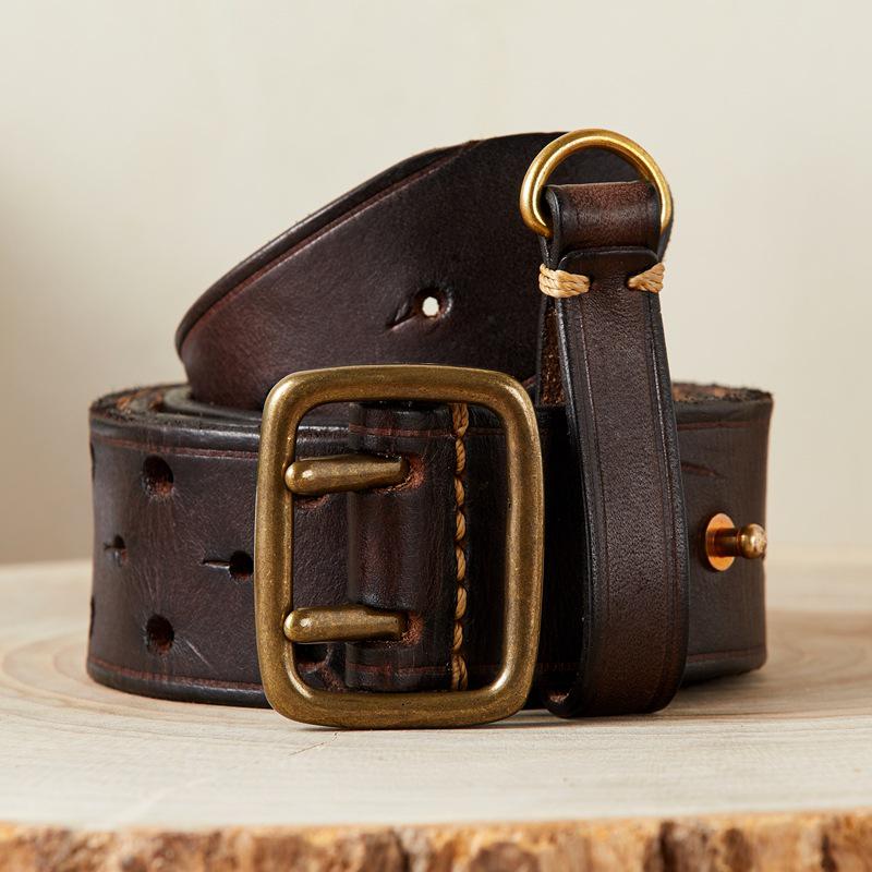 Korean Style Double Pin Buckle Leather Belt for Men - Genuine Cowhide Retro Youth Jeans Waist Belt