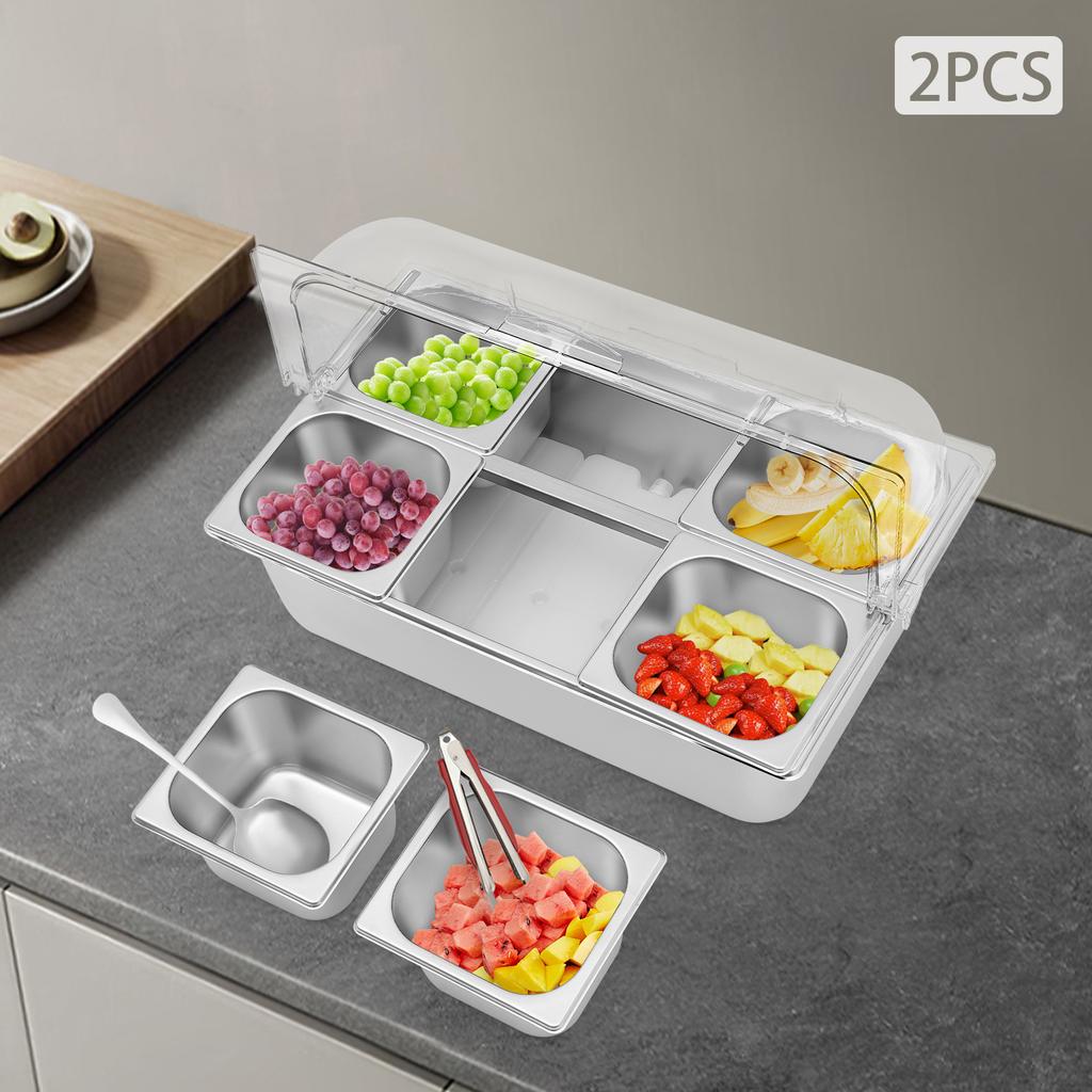 2 Pcs 6-Compartment Stainless Steel Fruit Tray with Ice Pan & Clear Lid, Complete Set for Party Buffet, Picnic, Home Kitchen Use
