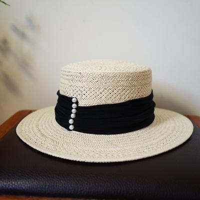 French Elegant Retro White Hand-Woven Flat Top Top Hat Women'S Summer Sunshade Vacation Foreign Trade Panama Straw Hat