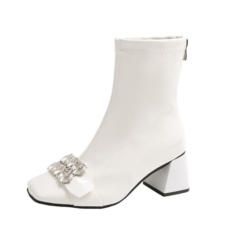 

Квадратная головка короткие сапоги женские интернет знаменитости стразы толстый каблук высокие каблуки лакированная кожа тонкие универсальные маленькие трубчатые эластичные сапоги женские б 40 белый