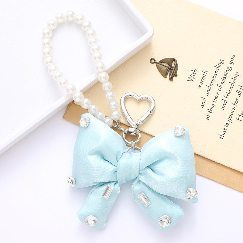Stock Chic Pearl Beaded Keychain Pendant with a High-end Feel,sparkling Rhinestonesfabric Bow Decorationand Mobile Phone Strap