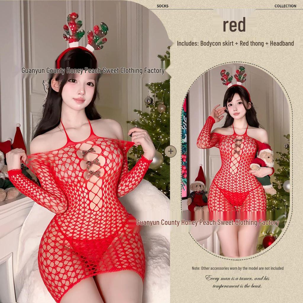 Sexy Christmas Lingerie: Long Sleeve Halter Neck Mesh Dress with Reindeer Antlers for Role Play