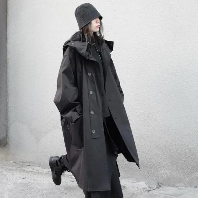Spring Autumn Long Oversized Black Trench Coat with Hood  Windbreaker Jacket Dark Design Sense for Women