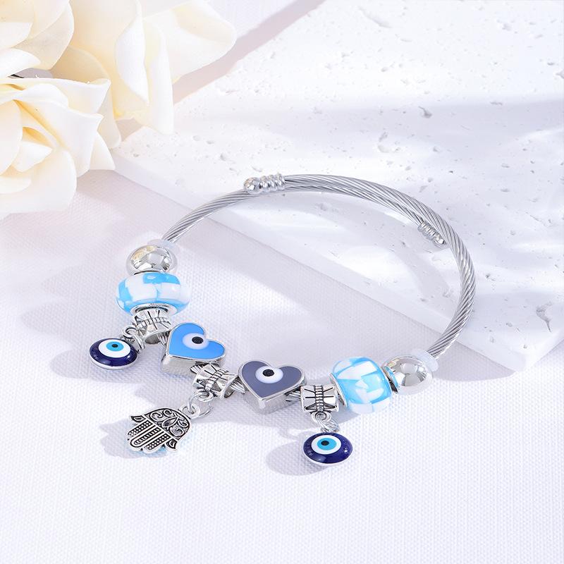 

Handmade Beaded Bracelet With Enamel Evil Eye Charm And Heart Shaped Steel Bangle Jewelry