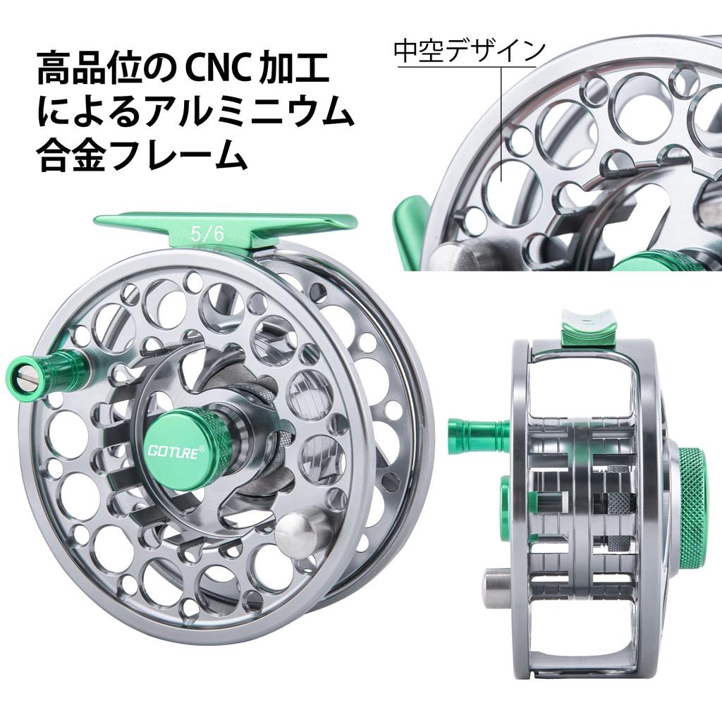 GOTURE Fly Fishing CNC Gunmetal Dark Light Green Main Line 4X Leader Line and Orange Extension Line 20LB Lightweight Reel, Machined, + Green, 5/6"