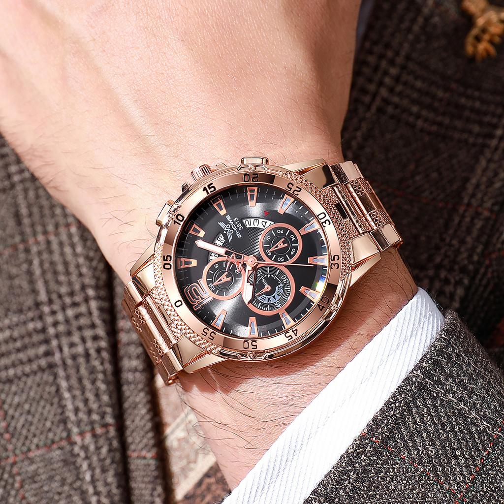 Business Multifunctional Hollow Chronograph Strap Calendar Fashion Large Dial Steel Strap Men'S Quartz Wrist Watch