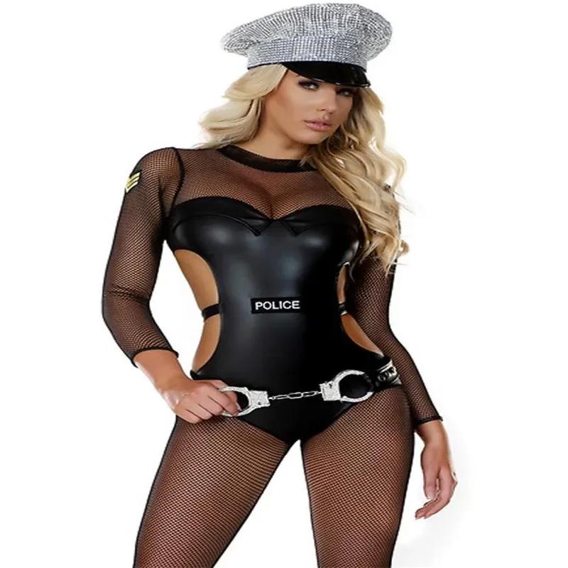 Sexy Police Cosplay Costume Mesh Cop Uniform Costume Role Bodysuit Lingerie Sex Police Halloween Costume