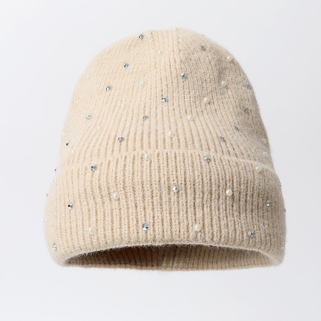 Solid Color Knitted Hat Big Head Versatile Warm Elastic Pullover Hat Bead Cold Hat