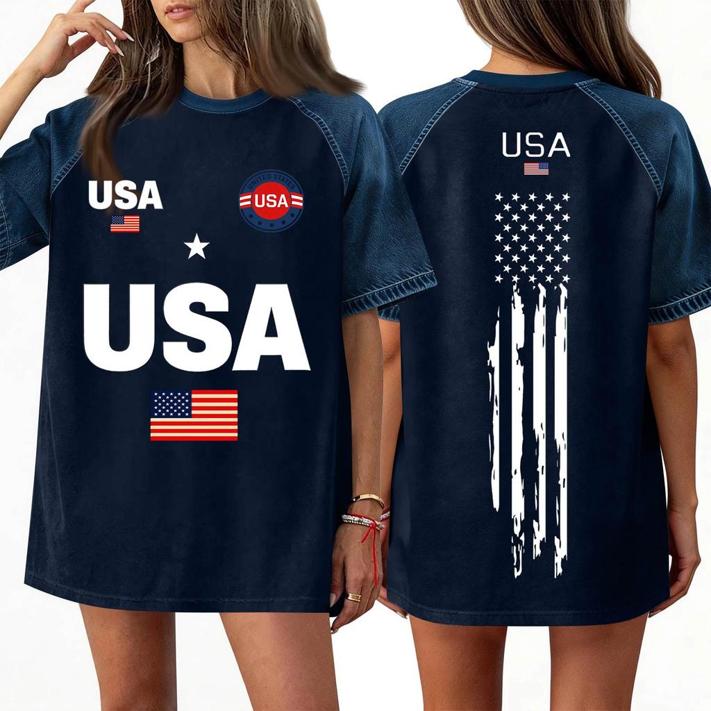 Women's Denim Patchwork Top, Casual Short-sleeved Comfortable T-shirt, Fashionable For Spring And Summer.