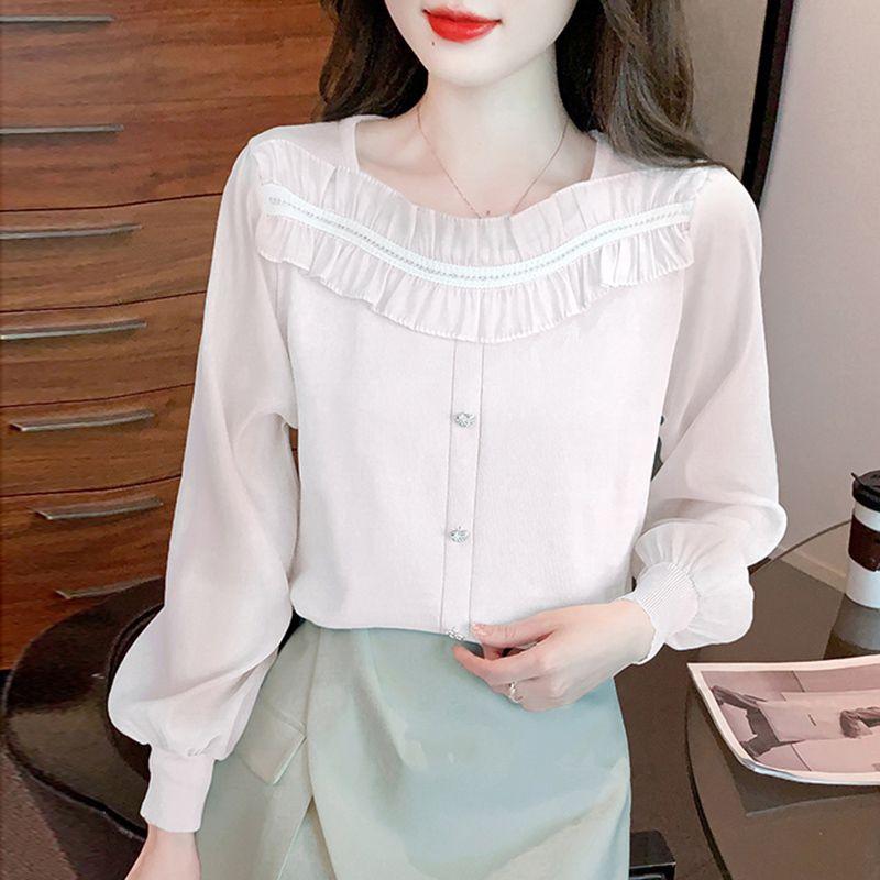 Sweet Fashion Spring Autumn New Women's Solid Square Collar Lace Patchwork Button France Chic Long Sleeve Chiffon Shirt Tops