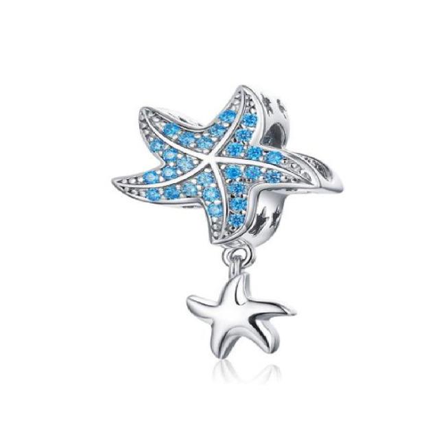 New Blue Snowflake Starfish Teapot Bow Safety Fine Bead Fit Original Charms 925 Sterling Silver Bracelet Jewelry F095