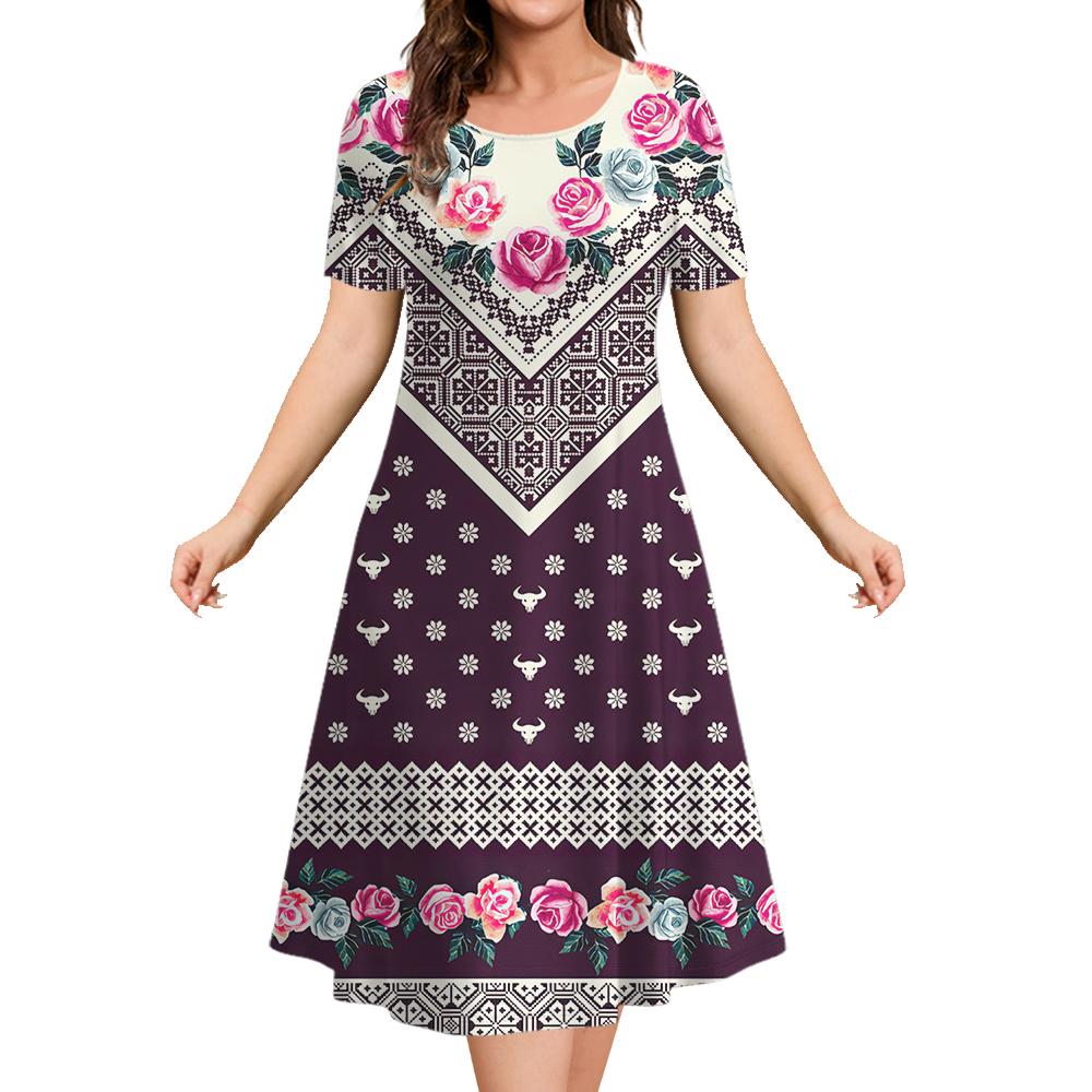 Ethnic Style Women's A-line Skirt Summer Fashion Casual Dress Flower Clothes Ladies Loose Casual Round Neck Dress
