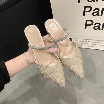 French Baotou Rhinestone Pointed Sandals Femininity with Skirt Thick Heel Half Drag Gentle Wind One-word Diamond Belt Single Shoes Women