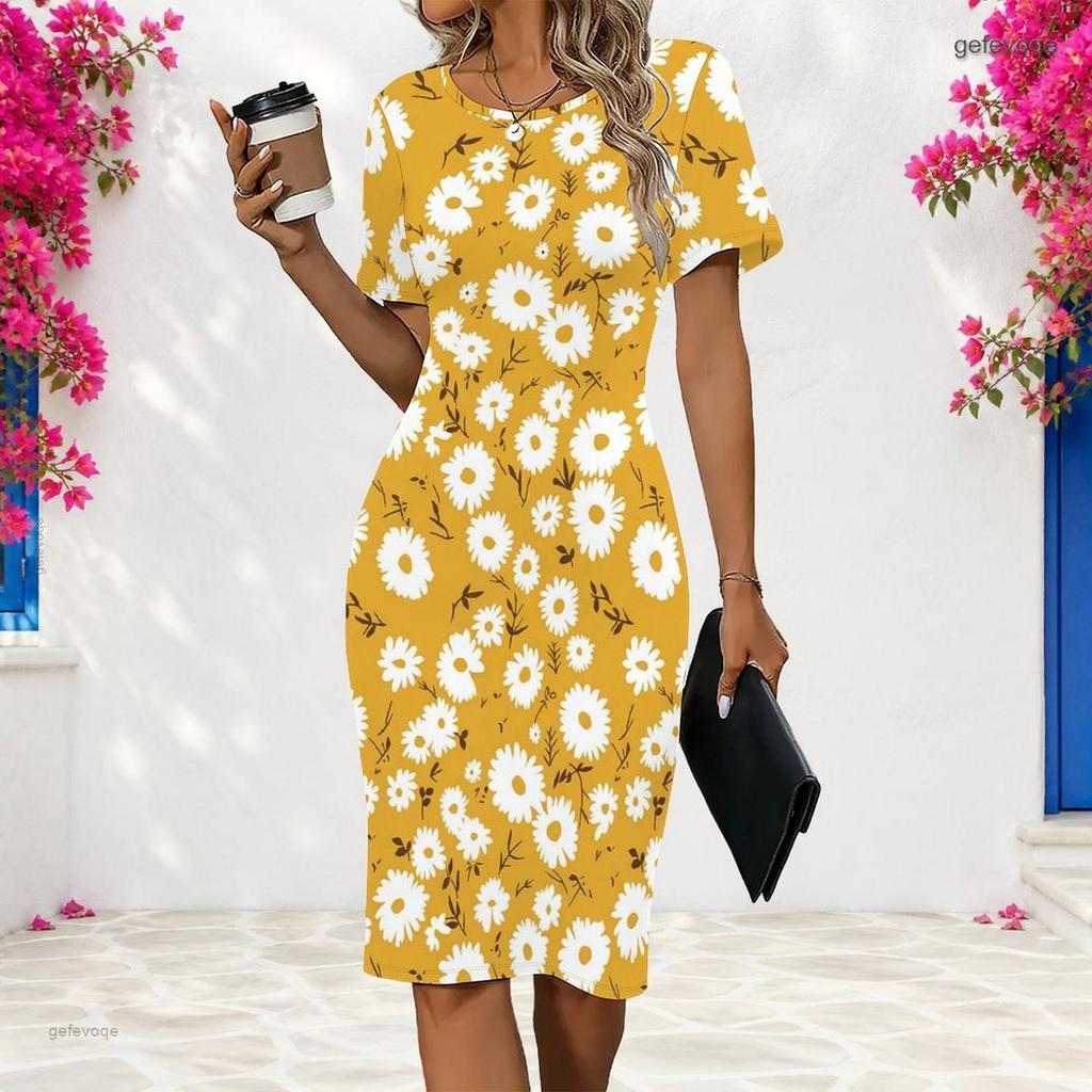 Women Plus Size Short Sleeve Round Neck Black Skull Rose Printed Fitted Dress